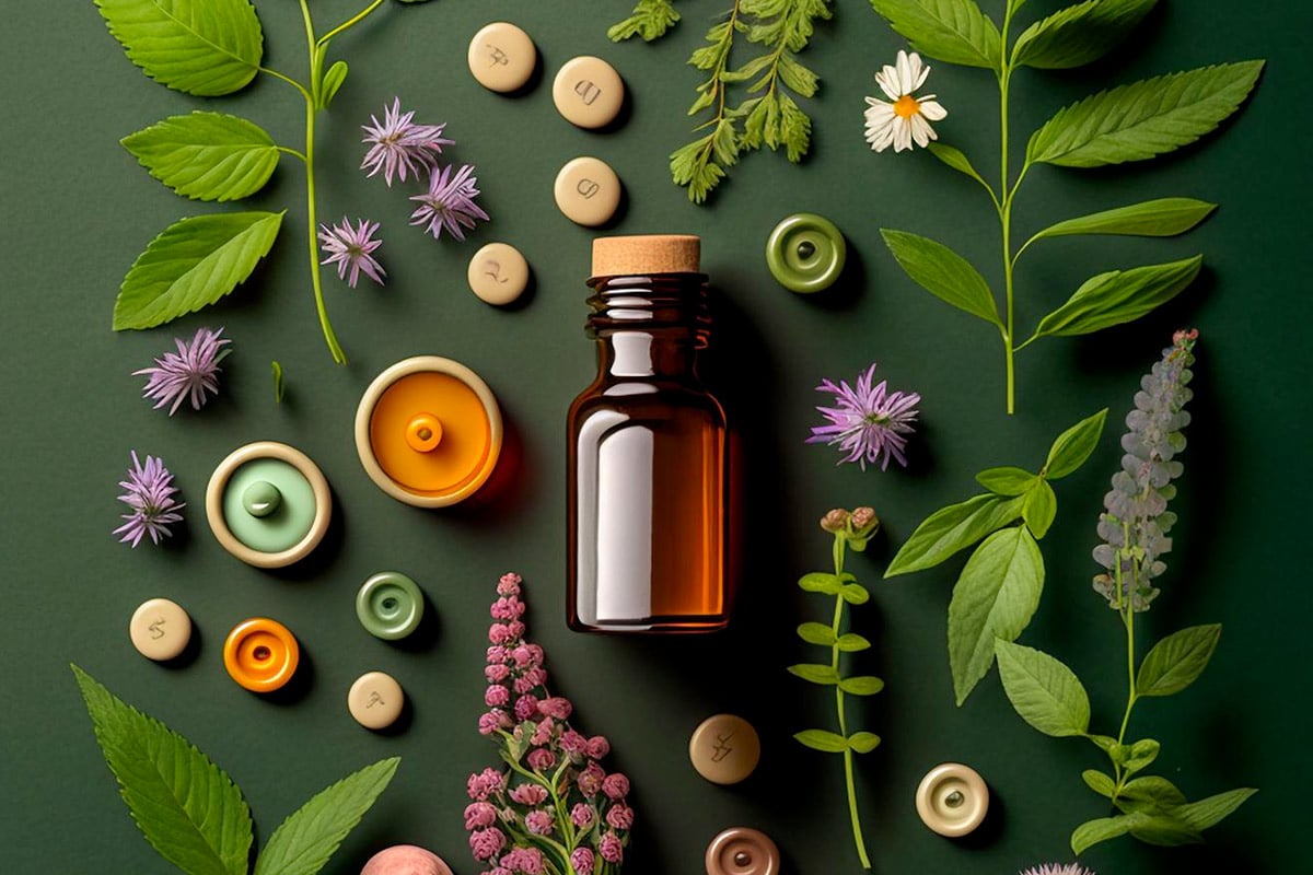 huile essentiel avec des produits naturelles autour
