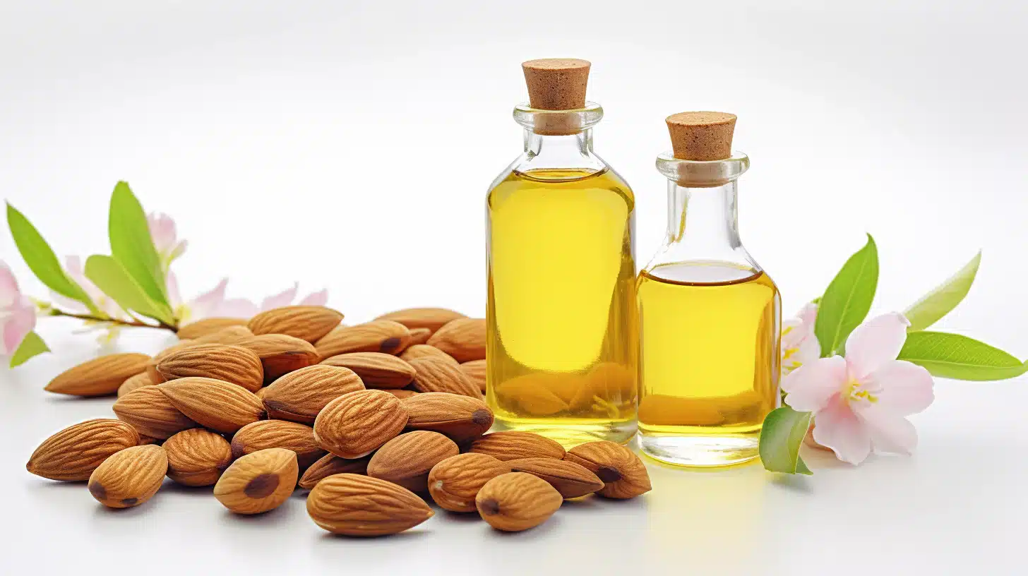 huile d'amande douce avec des amandes brutes à coté sur fond blanc