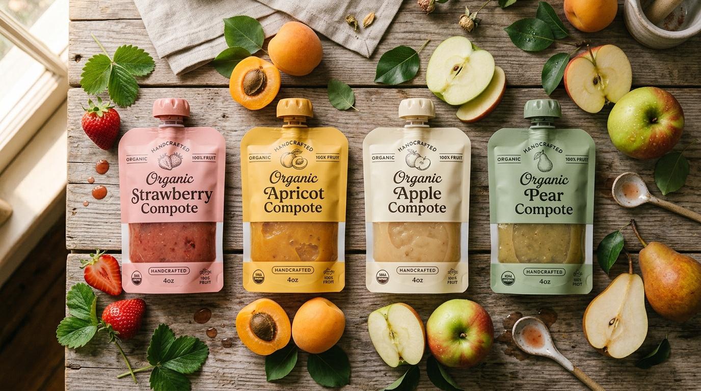 Quatre sachets de compotes biologiques artisanales avec fruits frais