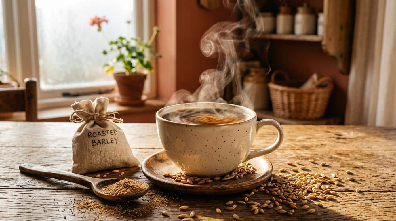 Tasse de tisane d'orge fumante avec grains éparpillés