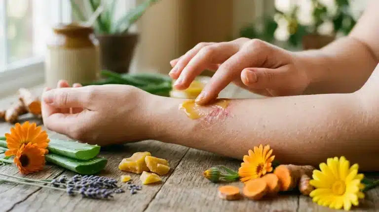 Main appliquant un remède naturel sur une blessure cutanée