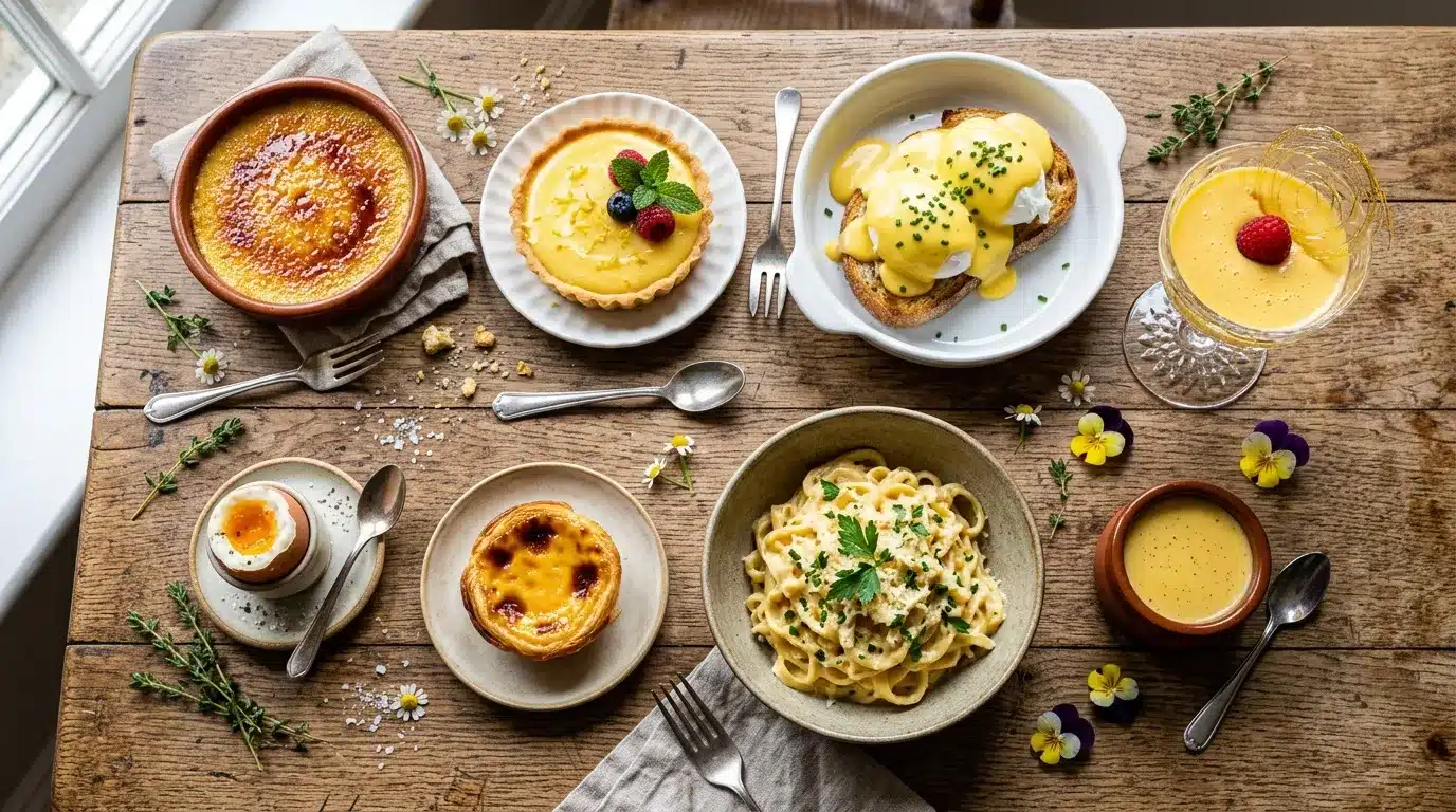 Variété de plats gourmet avec sauce moutarde jaune dorée