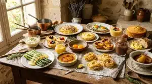 Table rustique avec plats français variés et ingredients culinaires