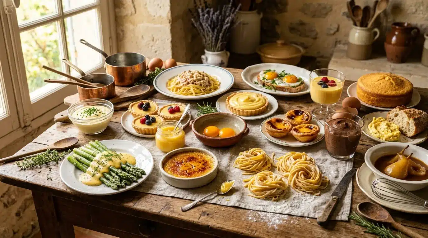 Table rustique avec plats français variés et ingredients culinaires
