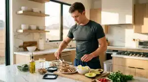 Homme en cuisine préparant aliments sains et équilibrés