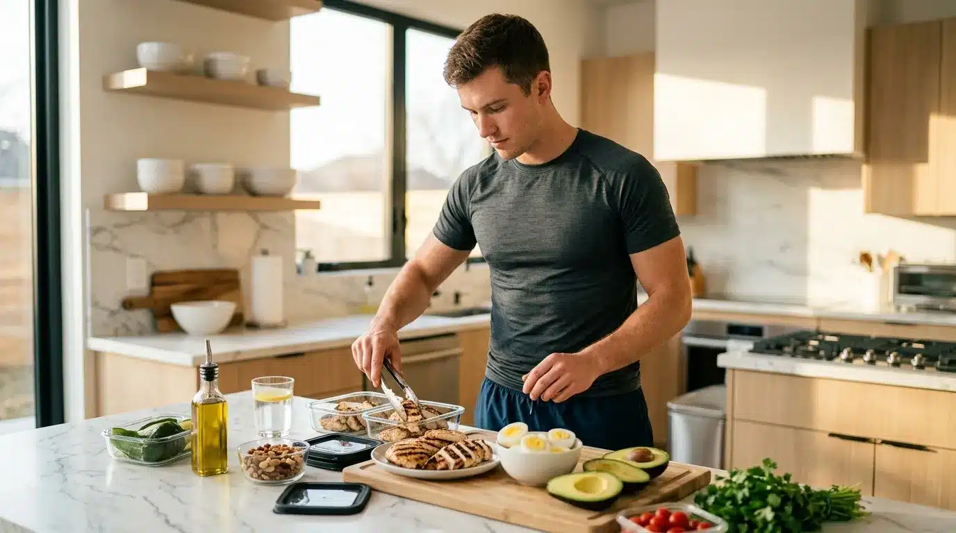 Homme en cuisine préparant aliments sains et équilibrés