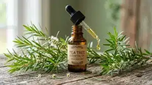 Flacon d'huile essentielle Tea Tree avec pipette et brindilles fraîches