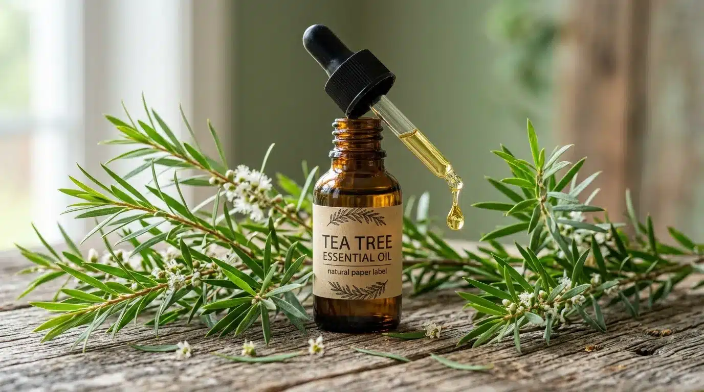 Flacon d'huile essentielle Tea Tree avec pipette et brindilles fraîches