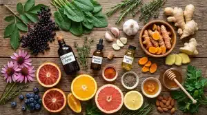 Fruits, herbes, épices et huiles essentielles sur bois rustique