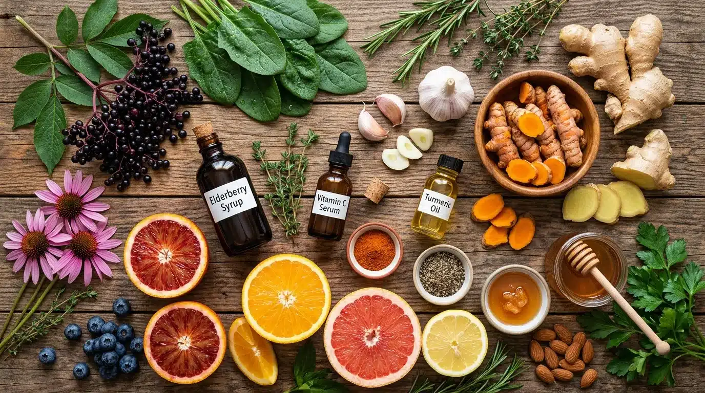 Fruits, herbes, épices et huiles essentielles sur bois rustique