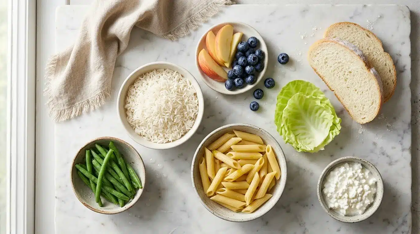 Aliments variés : riz, pâtes, pain, légumes, fruits, fromage.