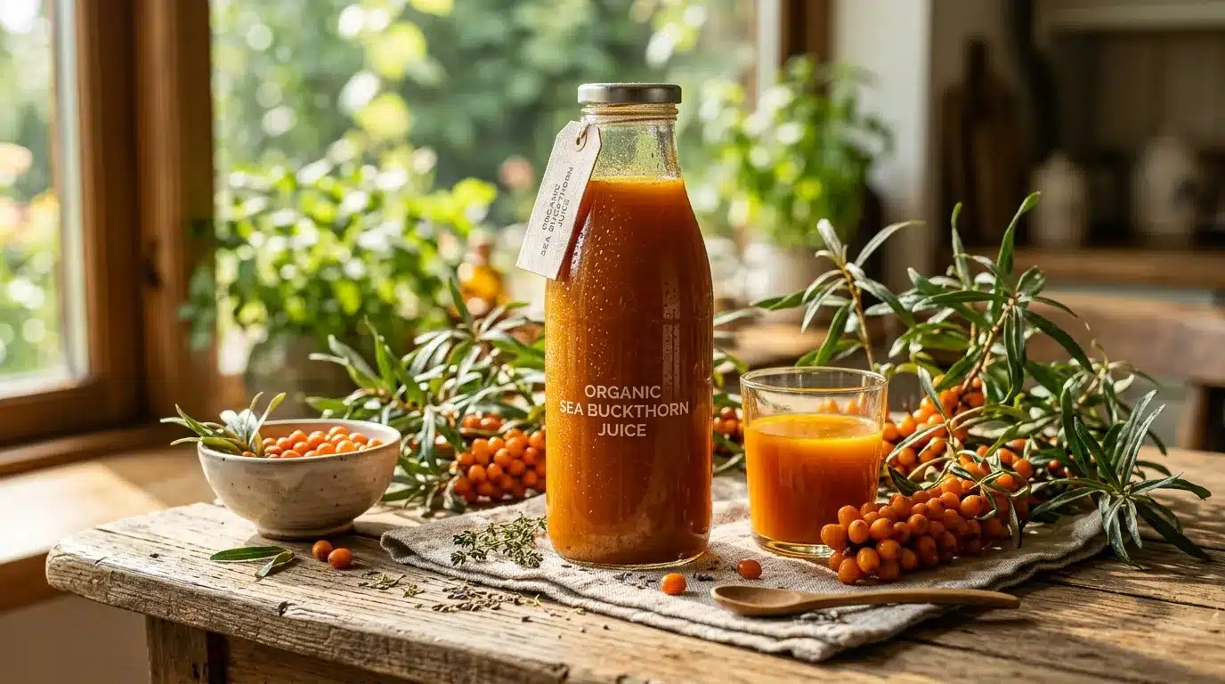 Bouteille de jus d'argousier organique avec baies fraîches et verre