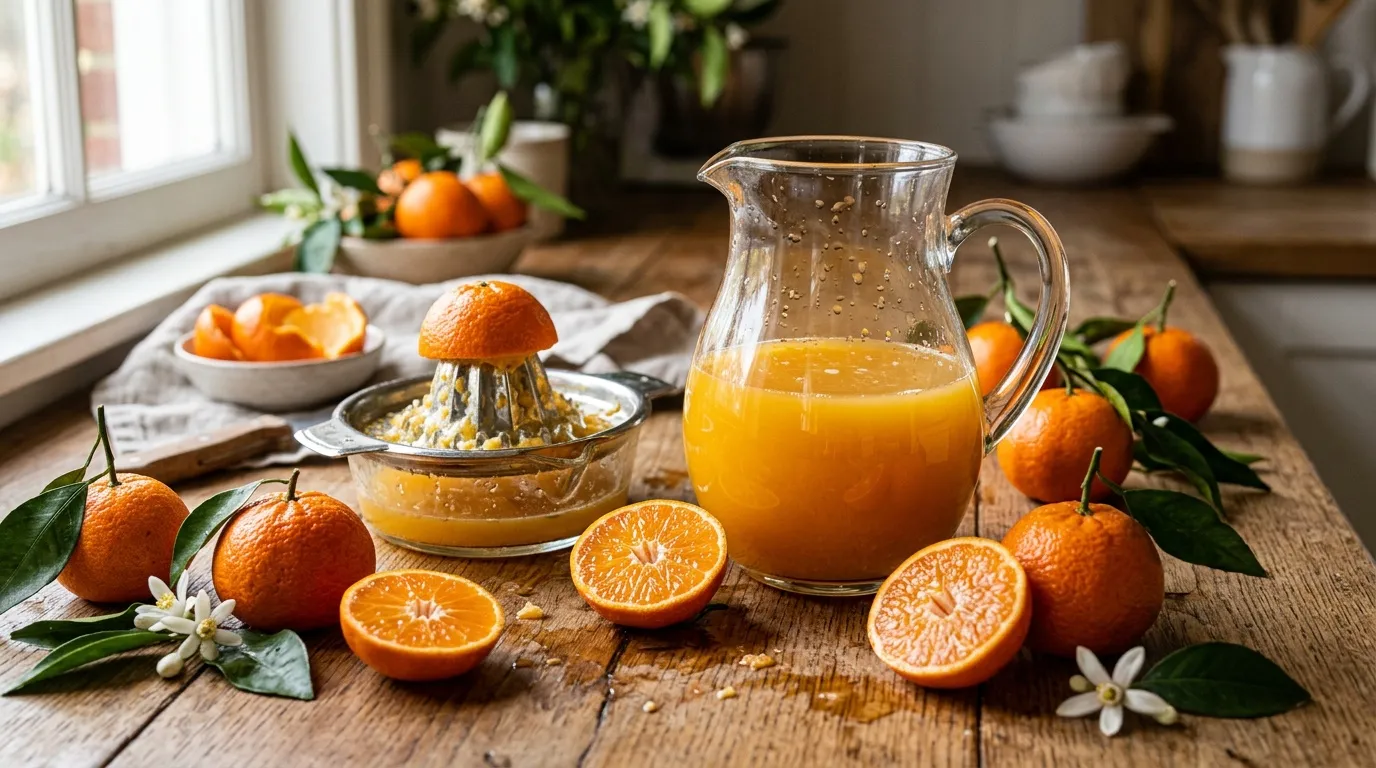 Oranges fraîches, presse-agrumes et pichet de jus d'orange