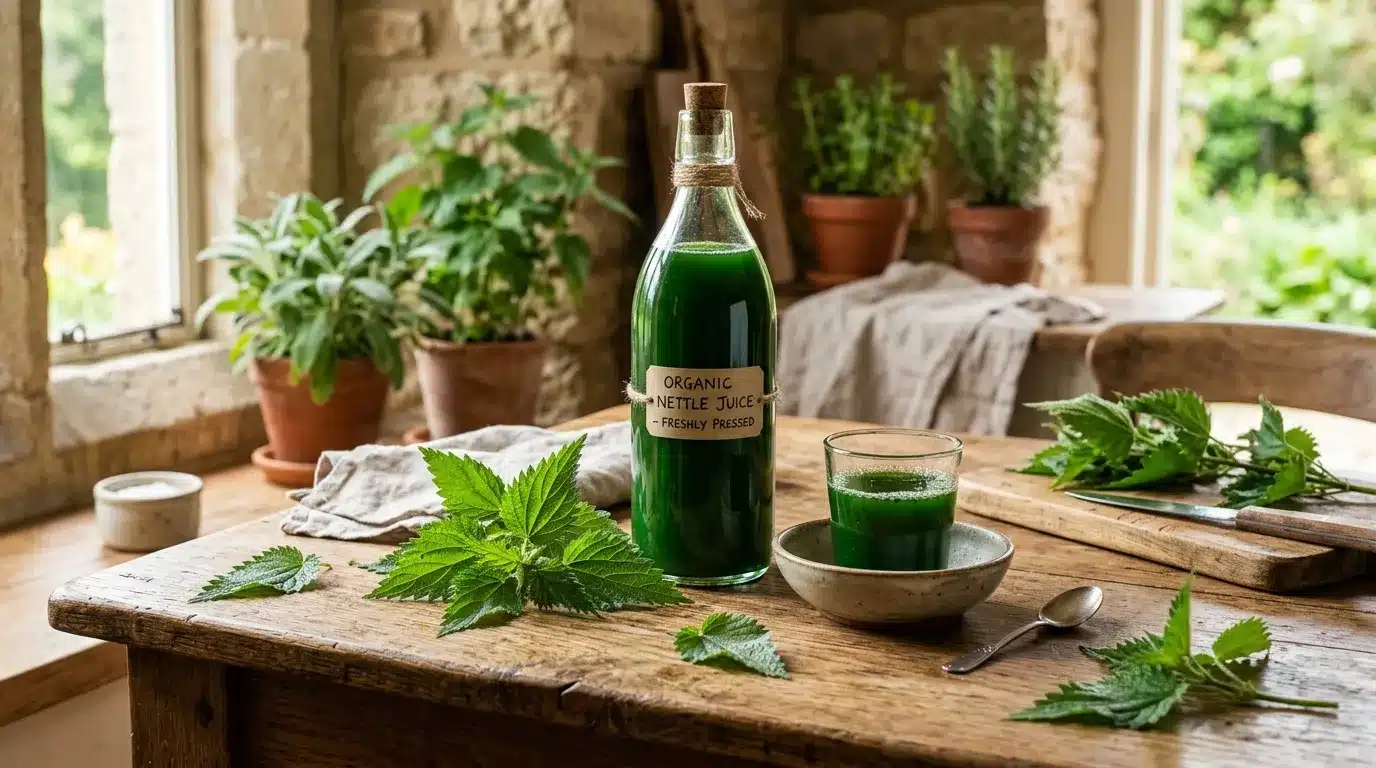 Bouteille de jus d'ortie organique avec verre et feuilles fraîches