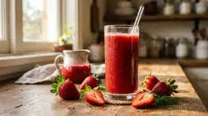 Verre de jus de fraise rouge avec fraises fraîches sur table