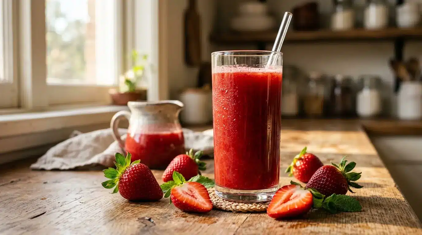 Verre de jus de fraise rouge avec fraises fraîches sur table