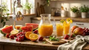 Pichet de jus d'orange avec fruits frais et verres sur table