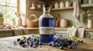 Bouteille de jus de myrtilles avec baies fraîches et fleurs