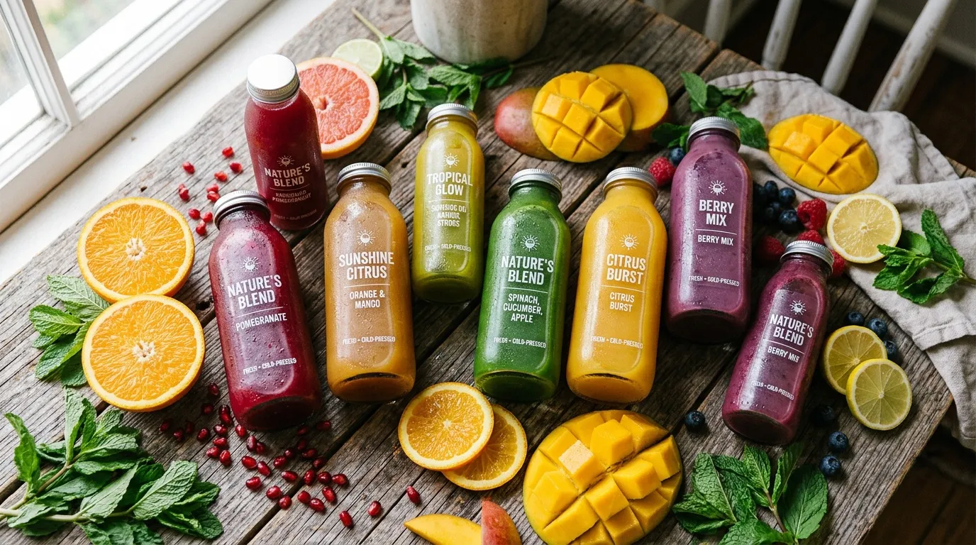 Bouteilles de jus naturels avec fruits tropicaux et agrumes frais