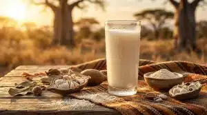 Verre de lait avec arachides et baobab en arrière-plan