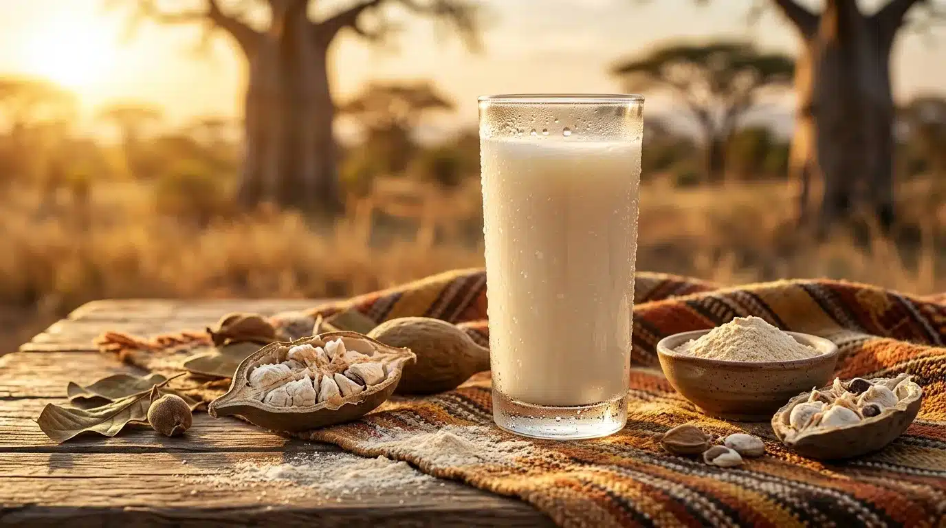 Verre de lait avec arachides et baobab en arrière-plan