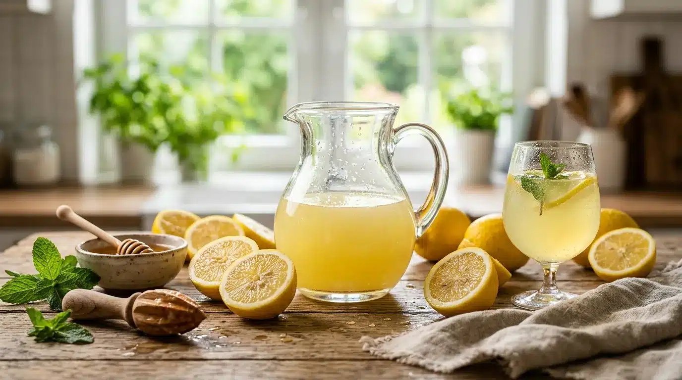 Pichet de limonade citron avec verre et citrons frais