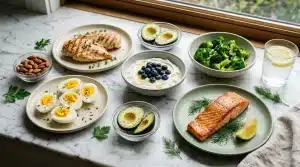 Assiettes avec œufs, poisson, avocat, broccoli et fruits