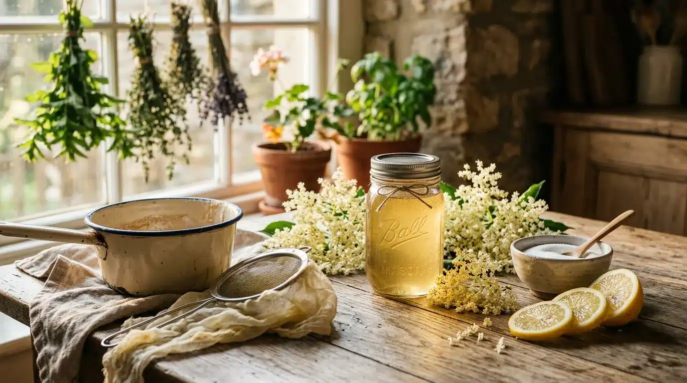 Pot Mason avec sirop, fleurs de sureau et citron frais