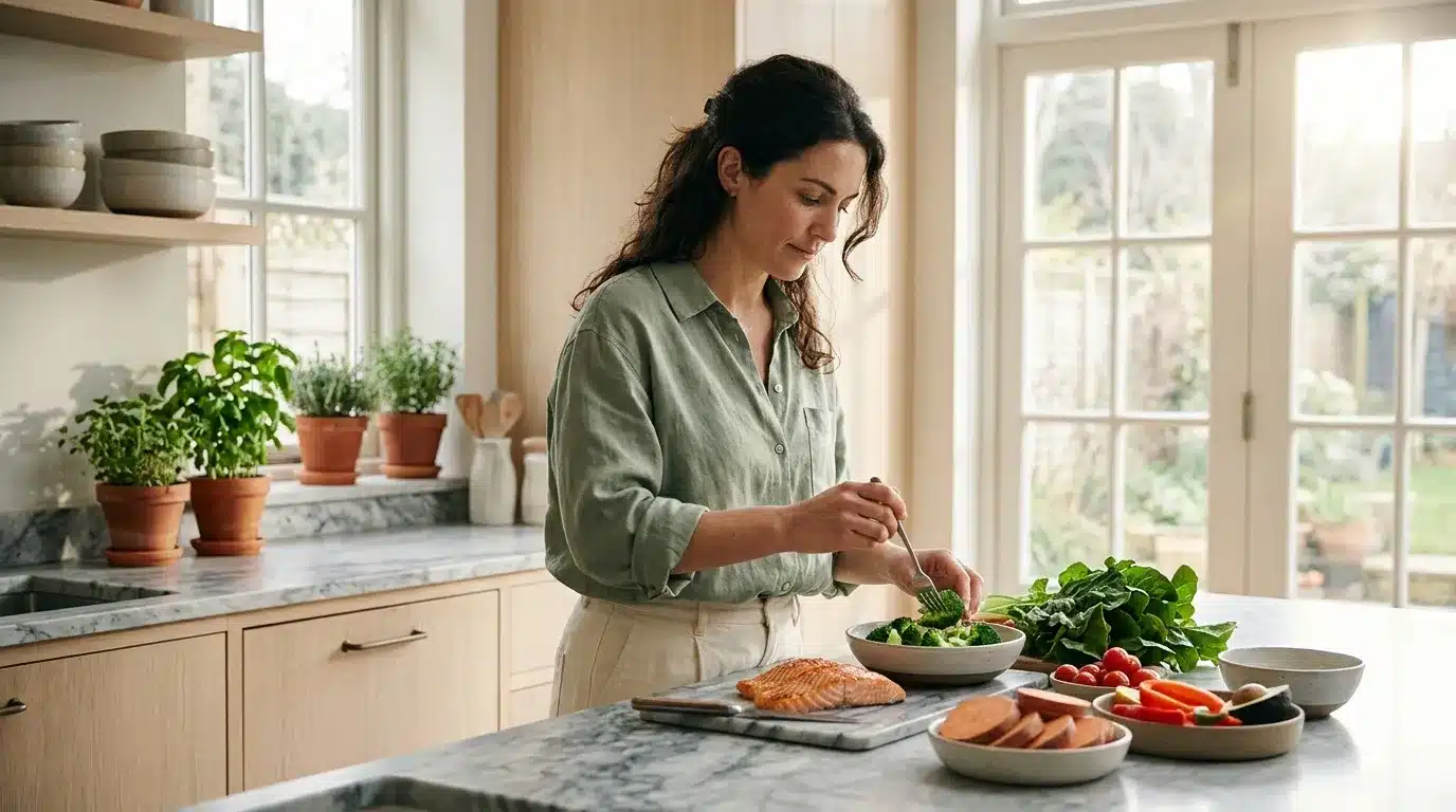 Femme prépare une salade fraîche dans sa cuisine lumineuse