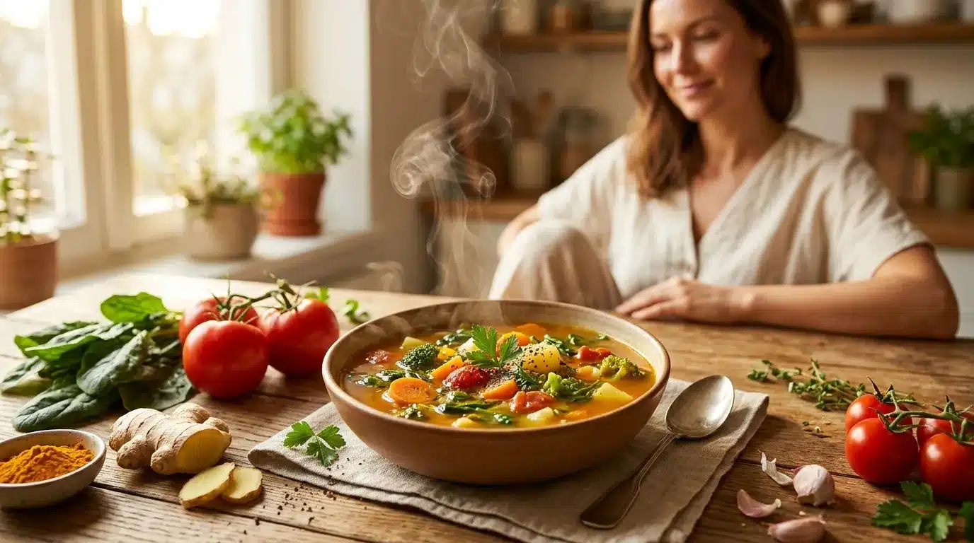 Femme souriante devant un bol de soupe aux légumes frais
