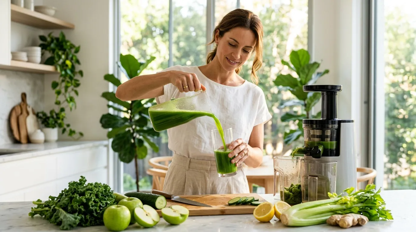 Femme versant un jus vert frais dans un verre
