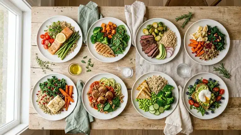 Huit assiettes avec repas sains, légumes, protéines, céréales