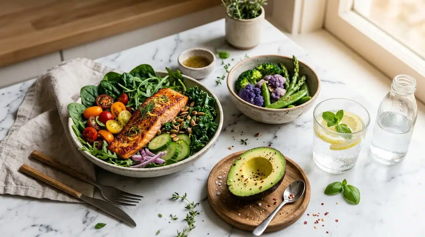 Assiette de saumon avec légumes et avocat frais