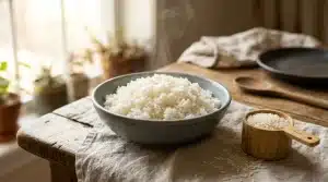 Bol de riz blanc cuit avec grain sec à côté