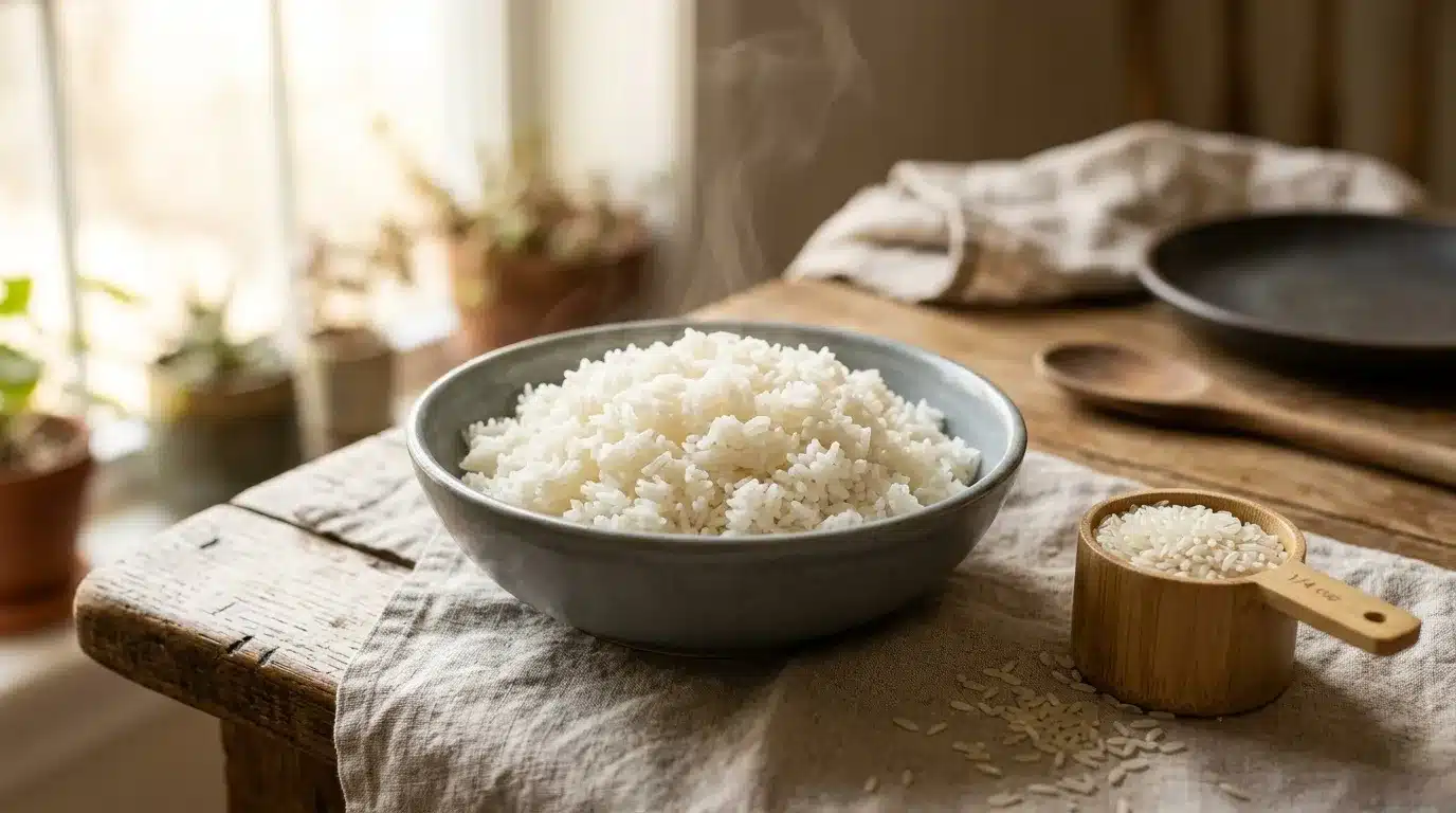 Bol de riz blanc cuit avec grain sec à côté