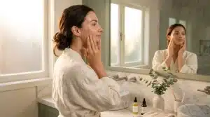 Femme examinant sa peau dans miroir salle bain