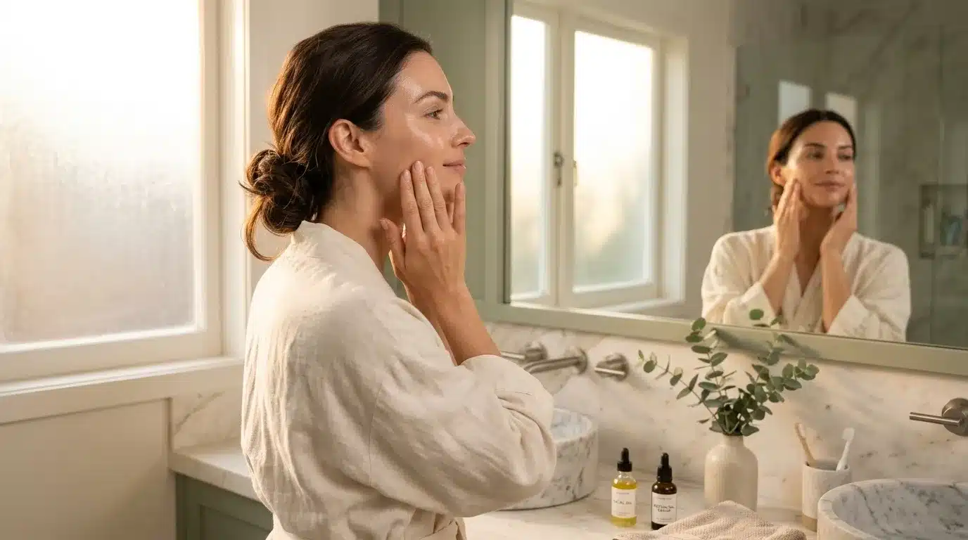 Femme examinant sa peau dans miroir salle bain