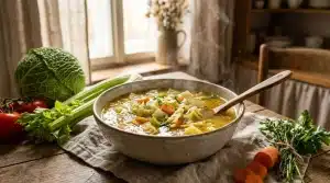 Bol de soupe aux légumes frais dans une cuisine chaleureuse