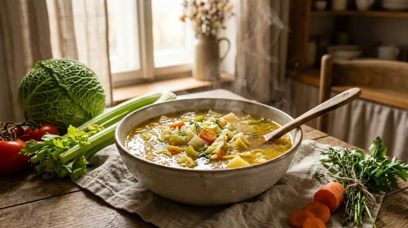 Bol de soupe aux légumes frais dans une cuisine chaleureuse