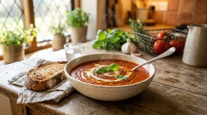 Bol de soupe tomate garni avec pain grillé et herbes fraîches