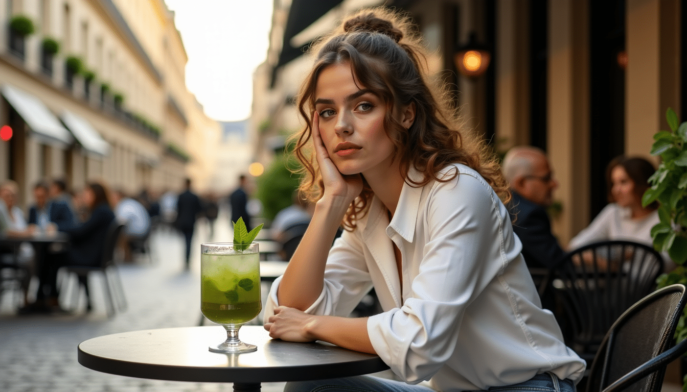 Jeune femme dégustant une boisson au CBD en terrasse de café, illustrant la tendance des boissons au cannabidiol pour la détente et le bien-être en France.