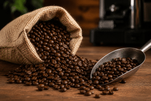 Sac de café en grains fraîchement torréfié avec une pelle en métal, idéal pour préparer un espresso italien riche en arômes et en saveurs